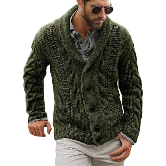 Men's Cable Knit Cardigan Sweater Shawl Collar Loose Fit Long Sleeve Cardigans - Picture 1 of 5